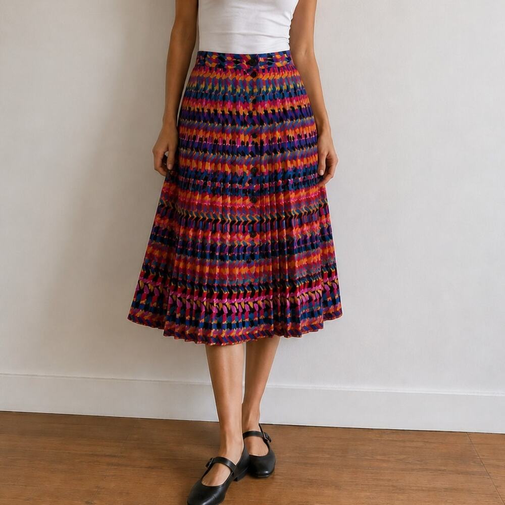 Vintage 80s Jaeger Multicolor Abstract Pleated Midi Skirt Great Britain size S